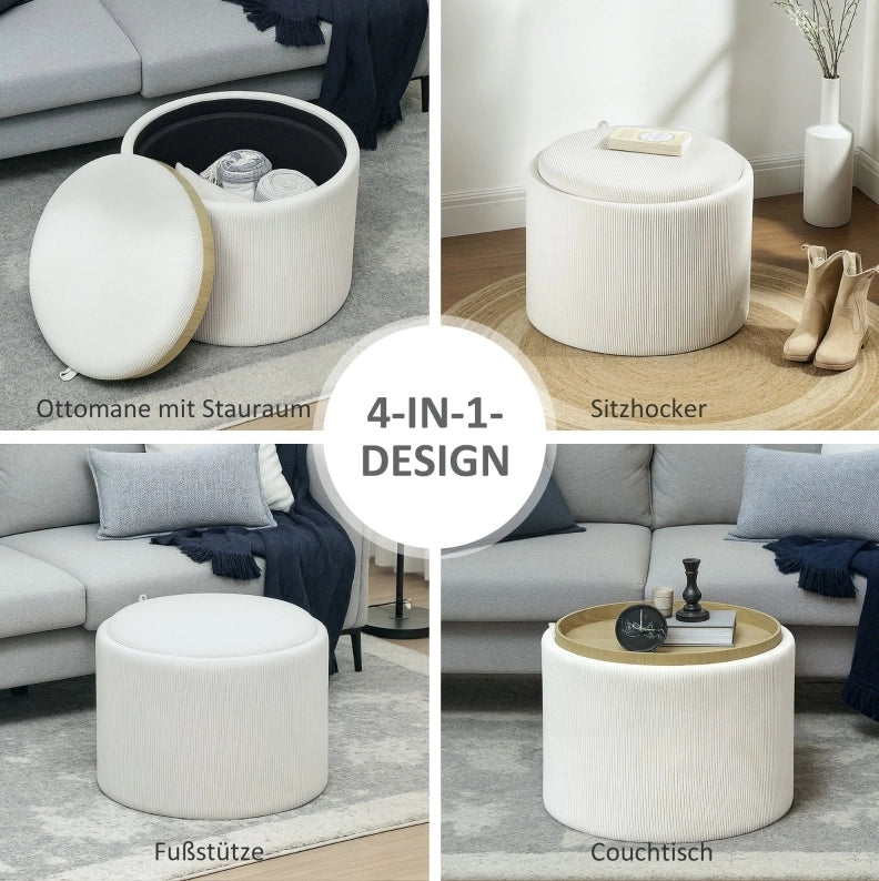 Pouf contenitore rotondo con vassoio reversibile, crema, Ø56 cm