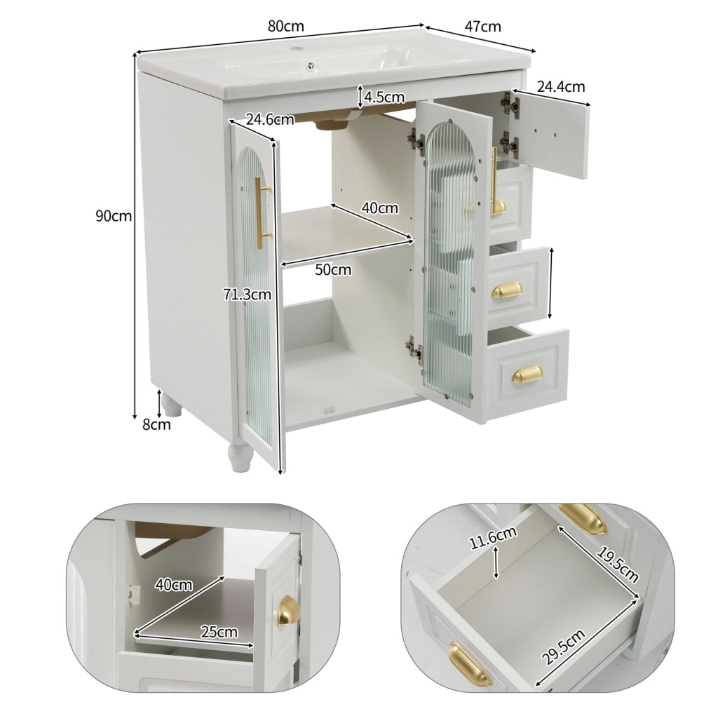 Mobile bagno con lavabo 80 cm in MDF bianco con lavabo in porcellana e 3 cassetti