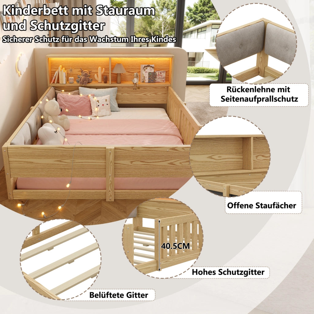 Letto per bambini 140x200 cm con sponde; testiera con contenitore e LED; naturale