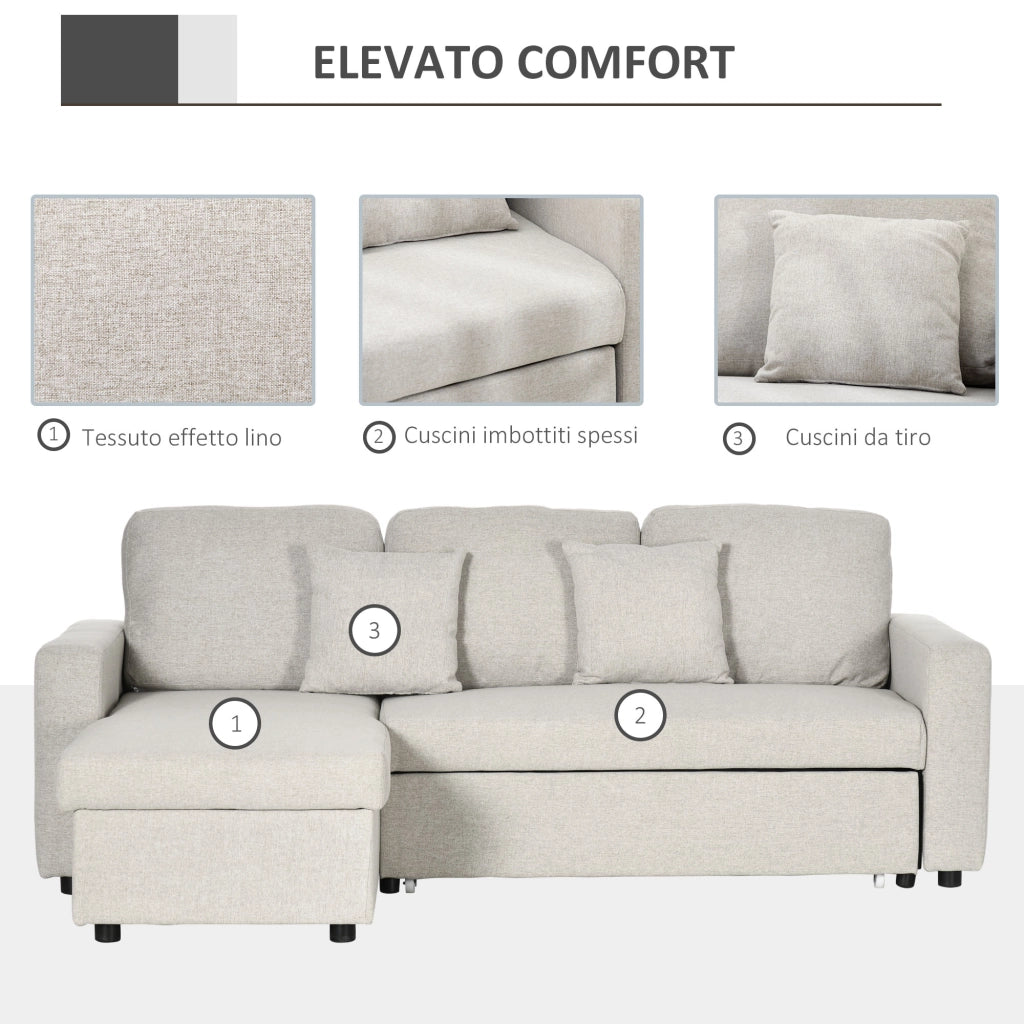 Divano Letto Angolare con 2 Cuscini e Vano Contenitore in Tessuto Crema ¨C Zephmum ¨C 2 Posti