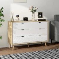 Cassettiera con 6 Cassetti in Legno per Camera da Letto, 110x40x75 cm, Bianco Lucido e Rovere