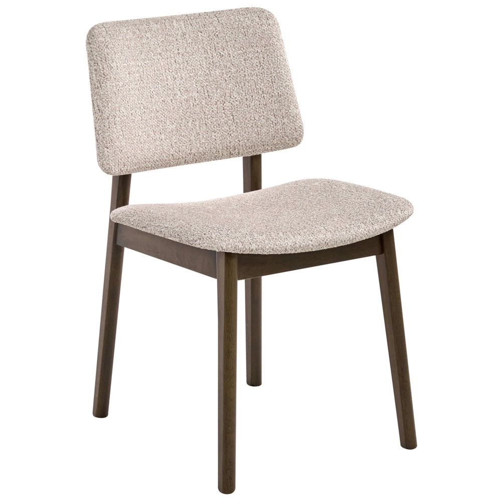 Set di 2 sedie da pranzo marrone scuro e tortora con struttura in legno di gomma e seduta bouclé, design retrò senza braccioli