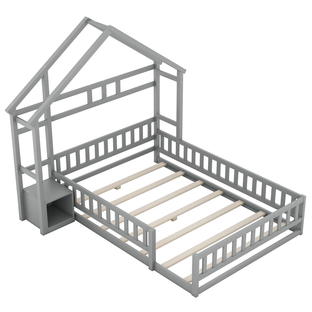 Letto Casetta Matrimoniale con Sponda e Comodino 140×200 cm; senza Materasso; in Pino e MDF; Grigio