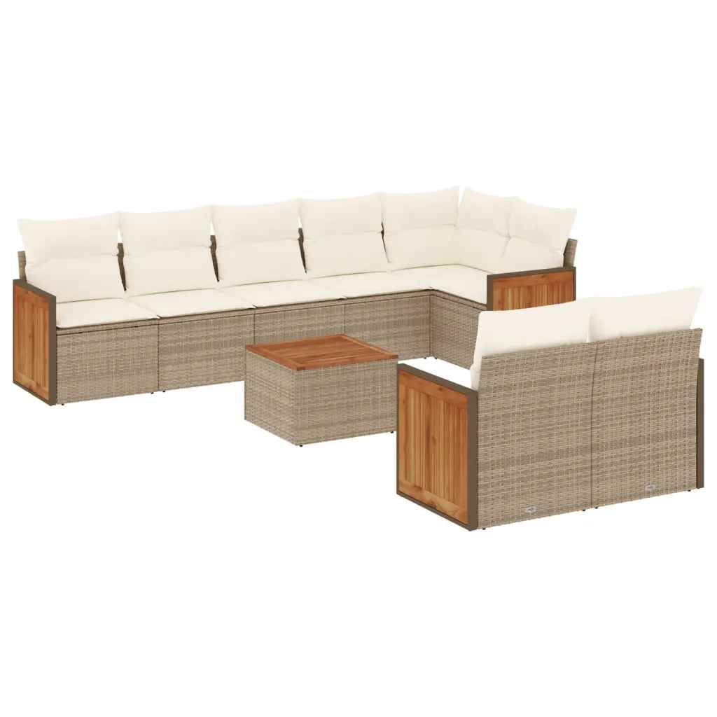 Set Divano da Giardino 9 pz con Cuscini Beige in Polyrattan