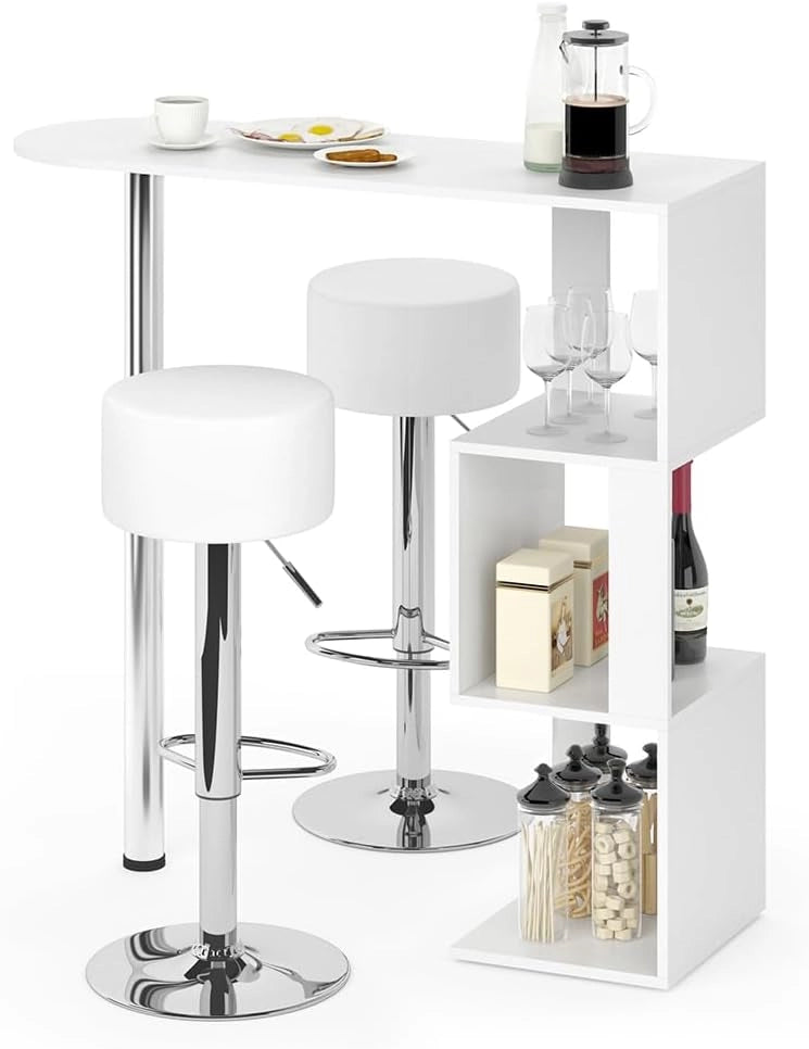 Set di tavoli da bar Vincent, Bianco, 113 x 39.8 cm con 2 sgabelli da bar, per l'utilizzo come tavolo alto con ripiani laterali