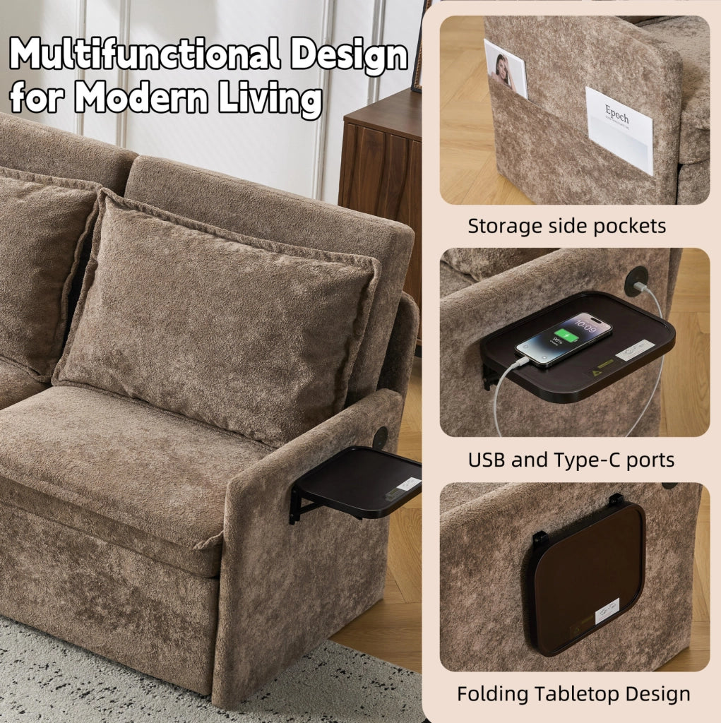 Divano letto pieghevole con funzione dormire, tessuto chenille marrone, con cuscini e porta USB integrato