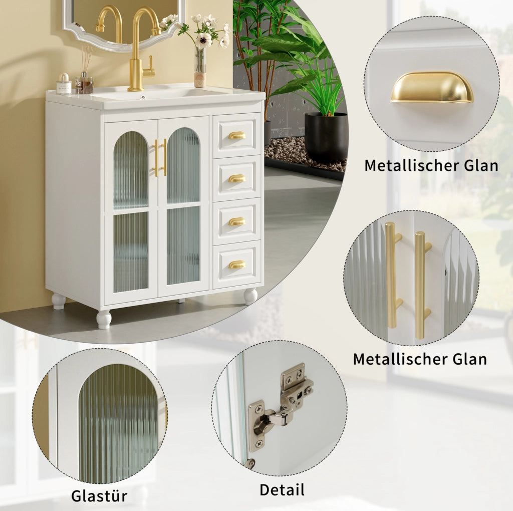 Mobile bagno con lavabo 80 cm, 2 ante, 3 cassetti, MDF, bianco