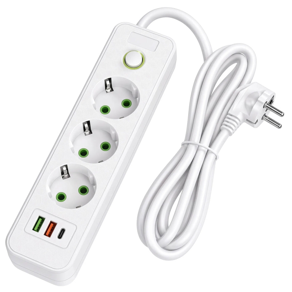 Multipresa Con Prolunga, 3 Prese + 2 Porte Usb-a + Usb-c Jnh020-3a White
