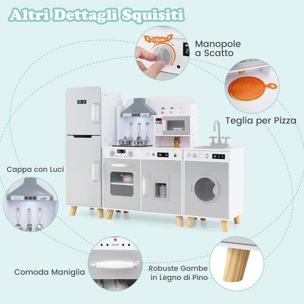Cucina Giocattolo per Bambini, Cucina per Bambini con Frigorifero, Macchina del Ghiaccio, Lavatrice, Forno, Microonde, Lavello e Rubinetto, Con Luci e Suoni, per Bambini 3+ Anni (Grigio)