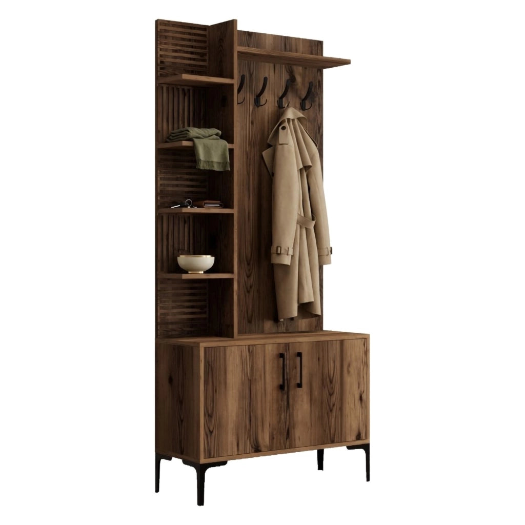 Pecchi, Mobile da Ingresso 8 Ripiani, 90x35x200h cm Marrone Noce