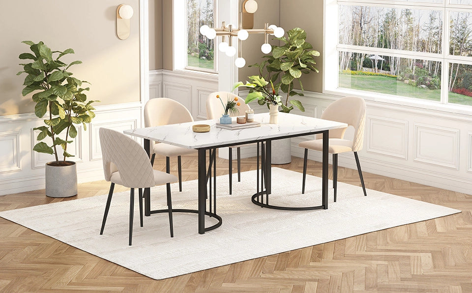 Set da pranzo 140x80 cm con piano effetto marmo; in velluto beige