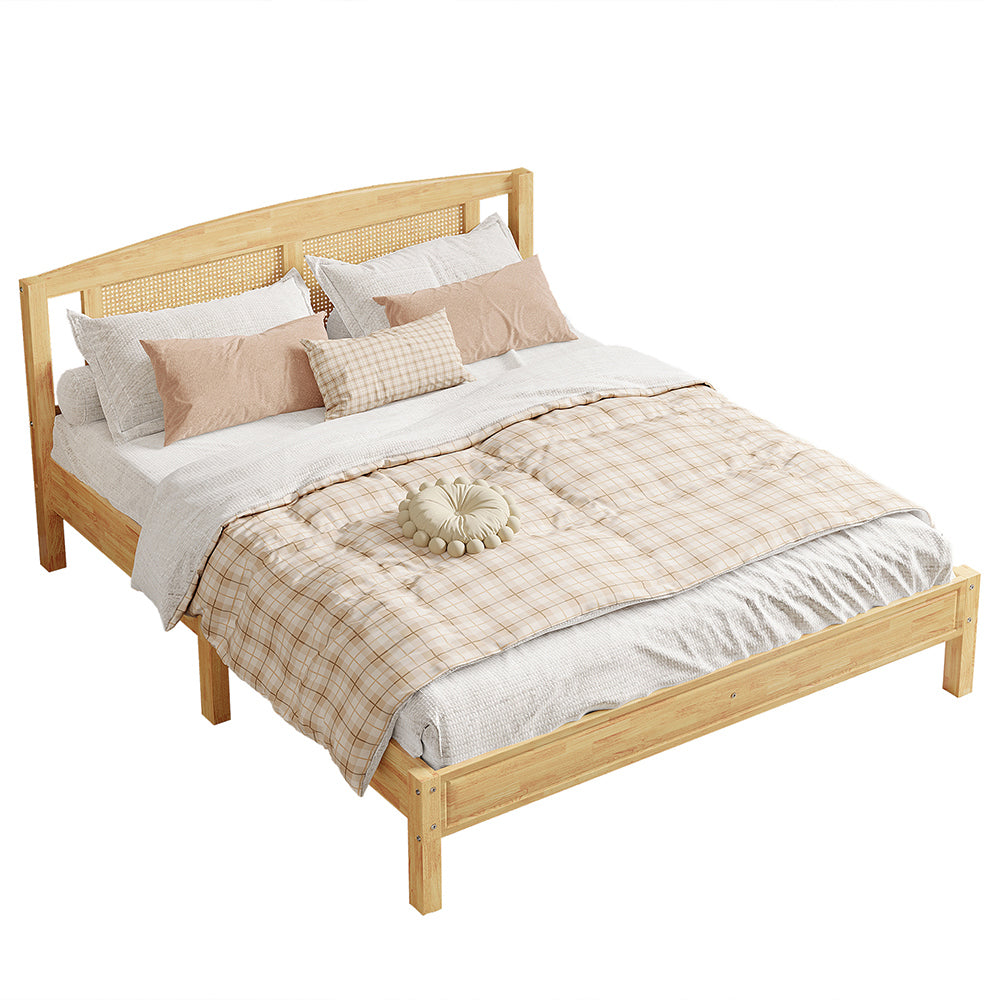 Letto matrimoniale in legno di pino e rattan - Xylo - 160x200cm - Naturale - 15 doghe e piedi centrali