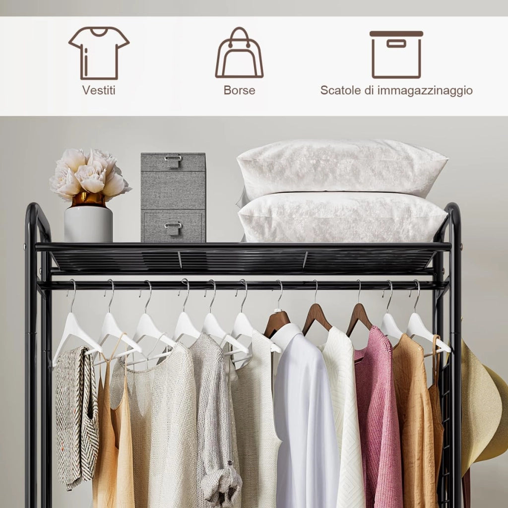 Stand Appendiabiti in Metallo,Stendino durevole salvespazio di grande capacità con piu scaffali conDesign a doppia asta di sospensione,grande capacita di stoccaggio,74 * 40 * 168cm,Bianco