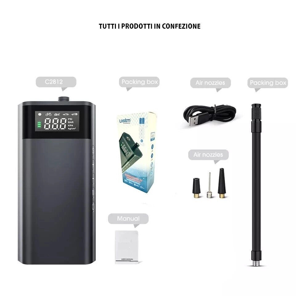 Compressore ad Aria Portatile a Batterie Gonfiatore Pompa Per Auto Moto Bici