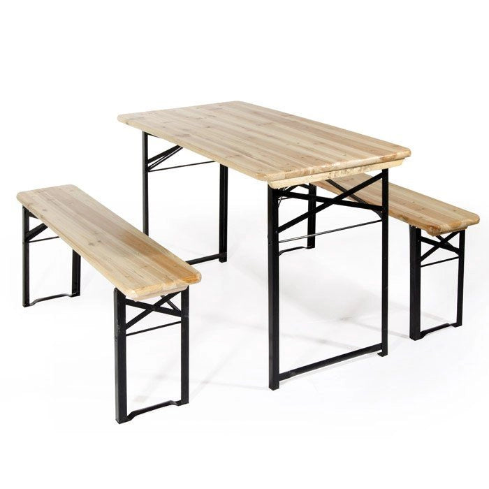 SET BIRRERIA PIEGHEVOLE TAVOLO E 2 PANCHE IN LEGNO CON GAMBE IN FERRO 70X220 CM