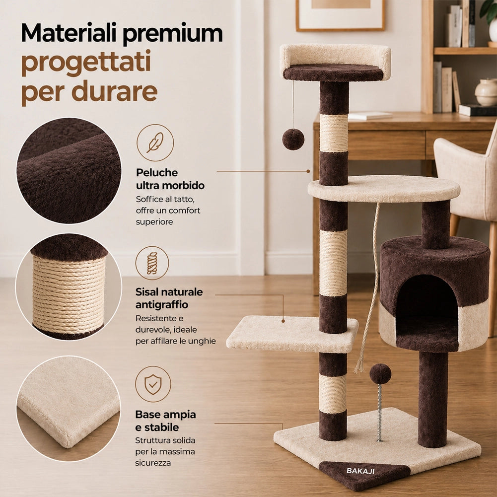 Albero Tiragraffi Gatti Parco Giochi Cuccia Graffiatoio gatto 112cm Marrone Crem