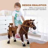 Cavallo a Dondolo per Bambini 2+ Anni con Nitrito, Sella e Staffe, in Peluche e Metallo, 85x28x60 cm, Marrone