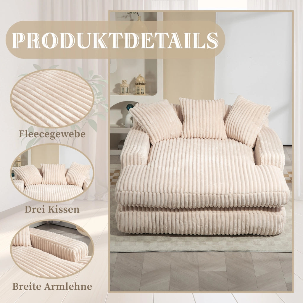 Chaise Longue Interna 1 Posto con 3 Cuscini; Divano da Pavimento Ergonomico Comfort; in Velluto a Coste Beige