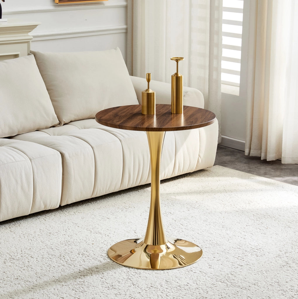 Tavolo rotondo da pranzo o soggiorno 60 cm; stile Mid-Century; MDF effetto noce e metallo dorato