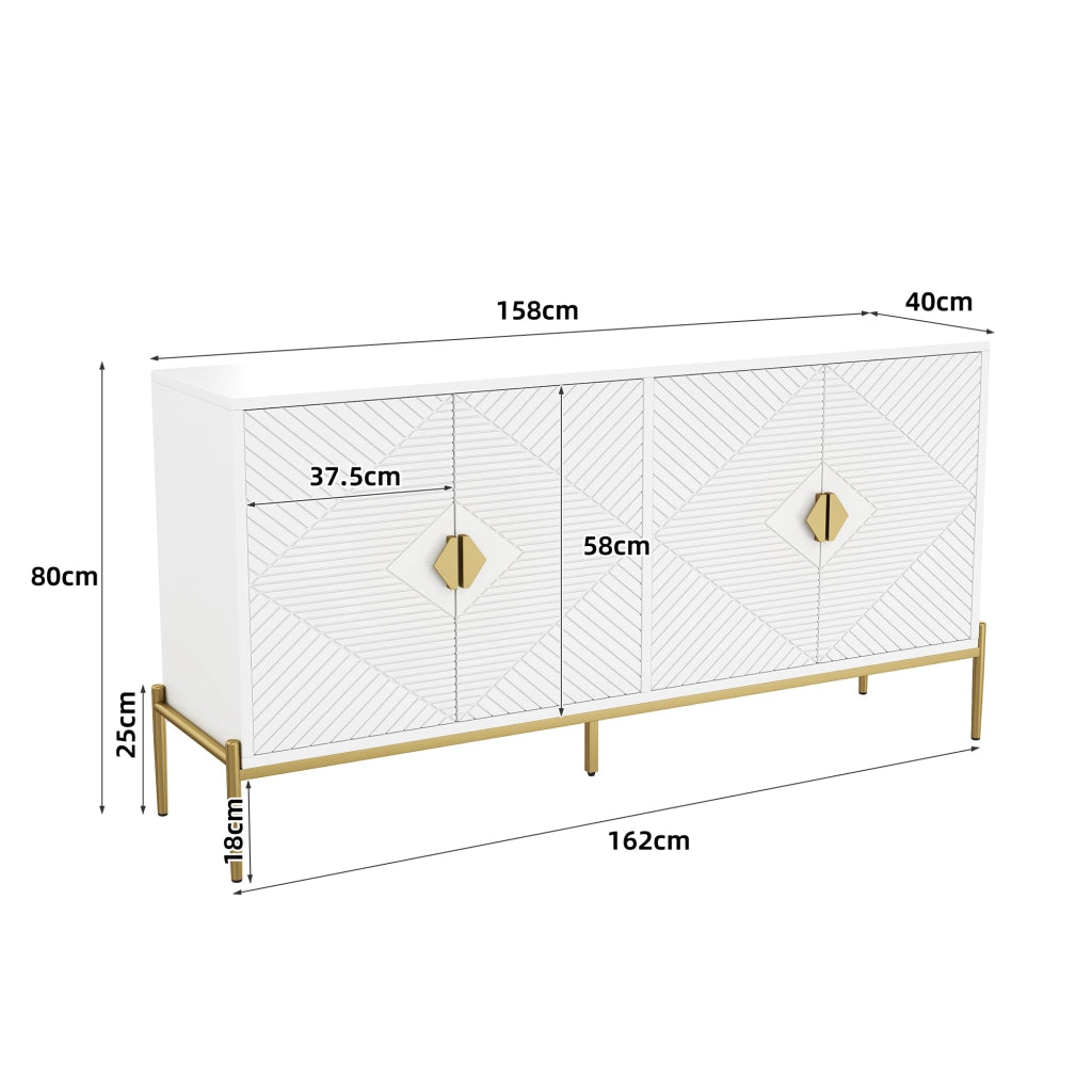 Credenza con 4 Ante; Motivo Geometrico 3D; Maniglie Dorate; Gambe in Metallo; Stile Moderno; 162??40??80 cm; Bianco