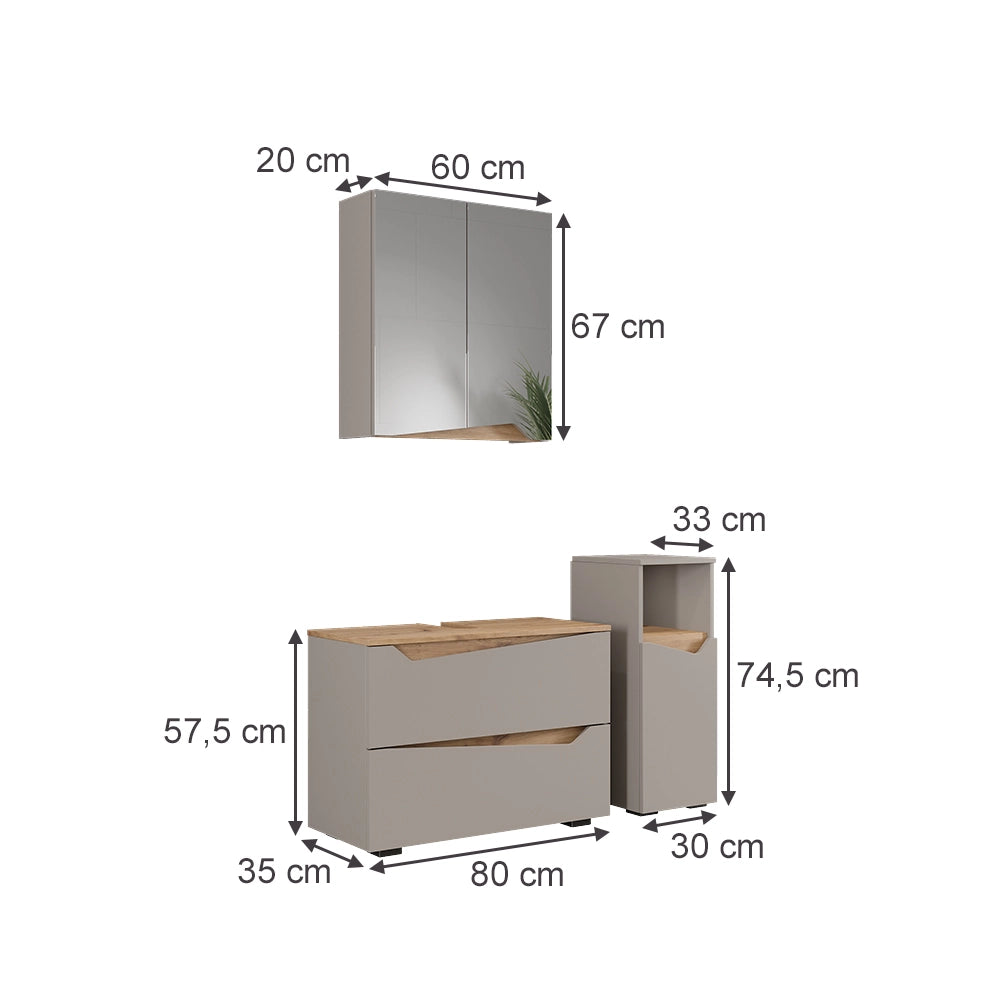 Vicco Set di mobili da bagno Greige/Artigianale 3 parti con cabinet midi