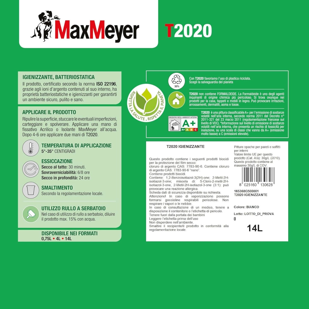 Pittura per Interni Traspirante Igienizzante T2020, Colore Bianco, 0.75L