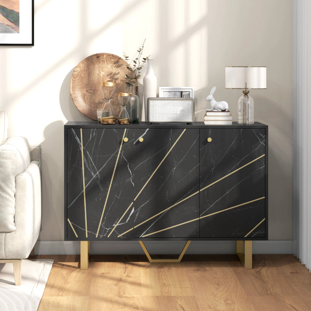 Buffet con 2 ante 3 porte e ripiano regolabile ¨C Zephmum ¨C Nero effetto marmo con gambe metallo