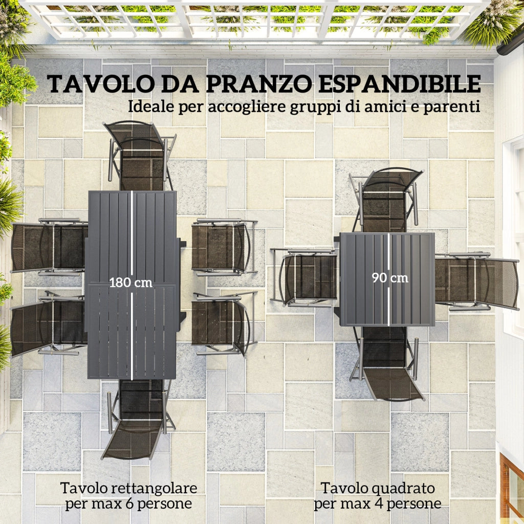 Set da Giardino con Tavolo da Pranzo Allungabile e 6 Sedie Pieghevoli in Acciaio Alluminio e Rete Grigio e Nero
