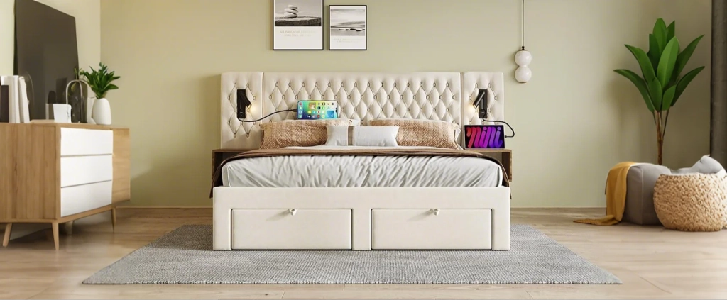 DESMIU Letto Matrimoniale con 4 Cassetti, USB, Tipo C e Luci da Lettura 160 × 200 cm, senza materasso