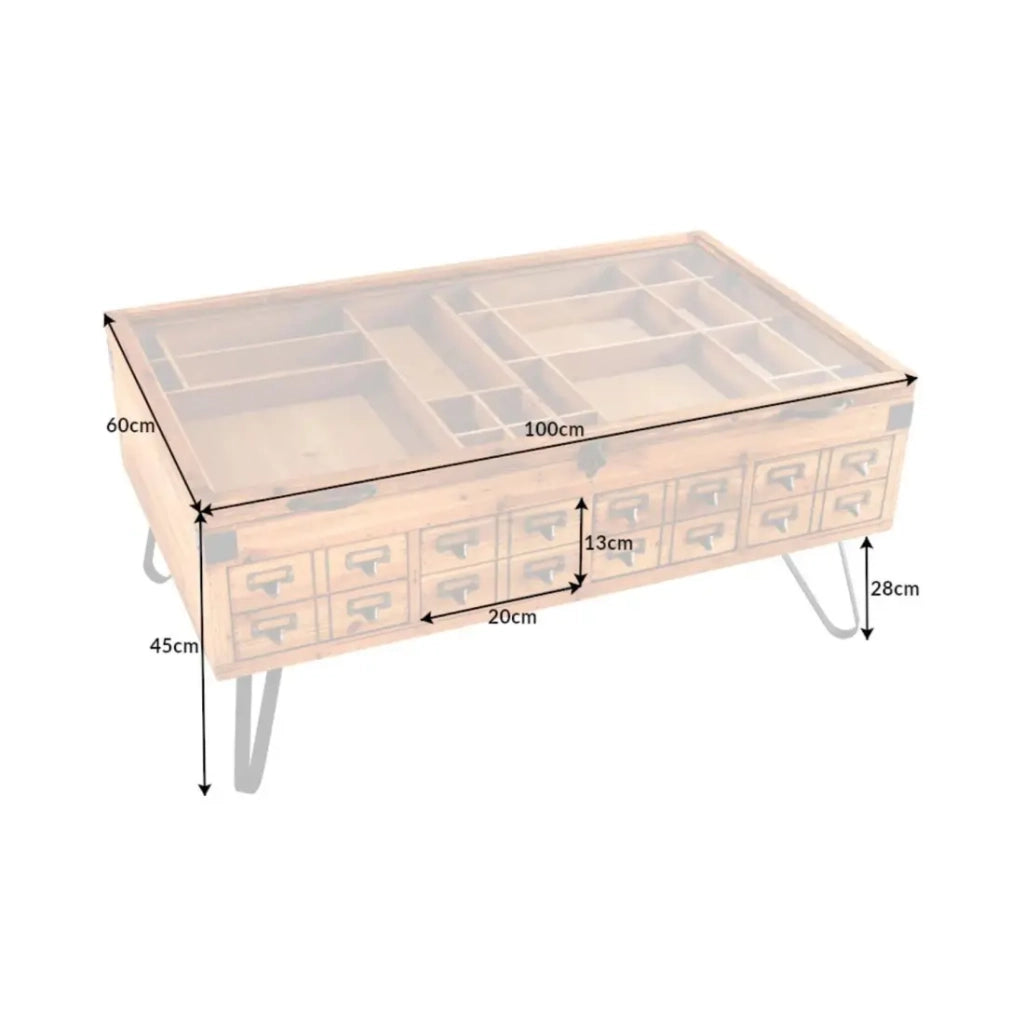 Tavolino basso CURIONA 100 cm con piano in vetro e 8 cassetti stile industriale