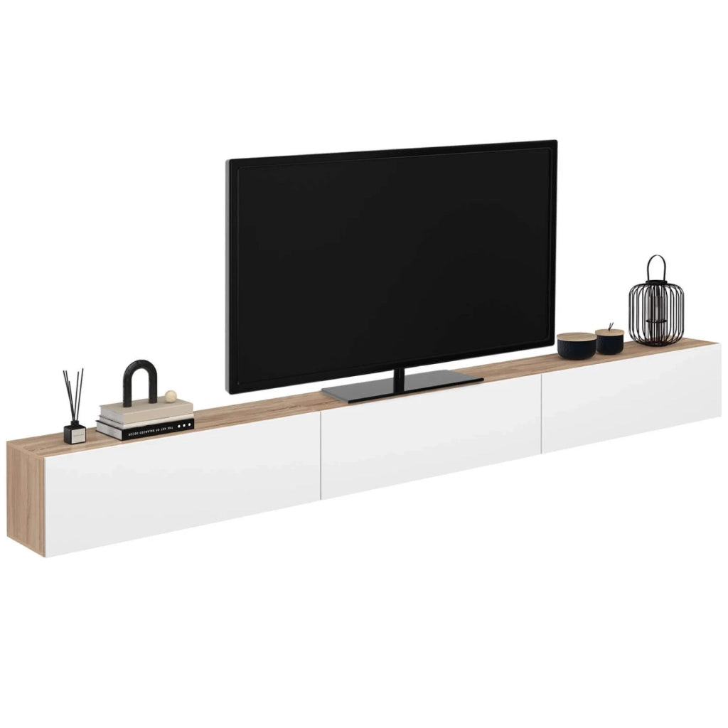 IDMarket - Mobile TV sospeso ELIO da 300 cm, 3 ante, in legno e bianco