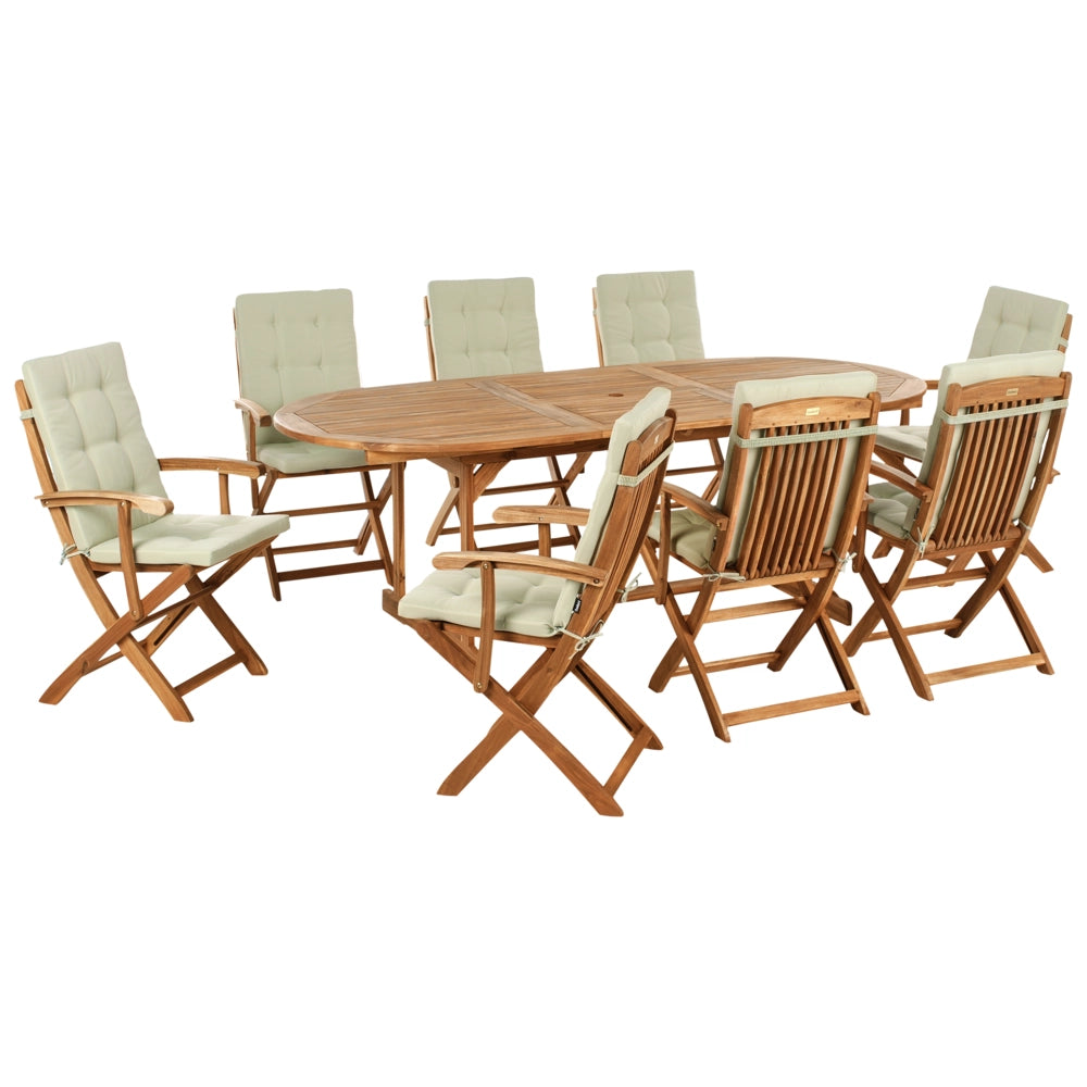 Set da pranzo da giardino con tavolo ovale sedie pieghevoli con cuscini verde chiaro a 8 posti Maui design rustico