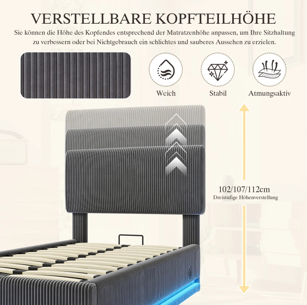 Letto imbottito 90x200 cm grigio scuro con LED e USB-C