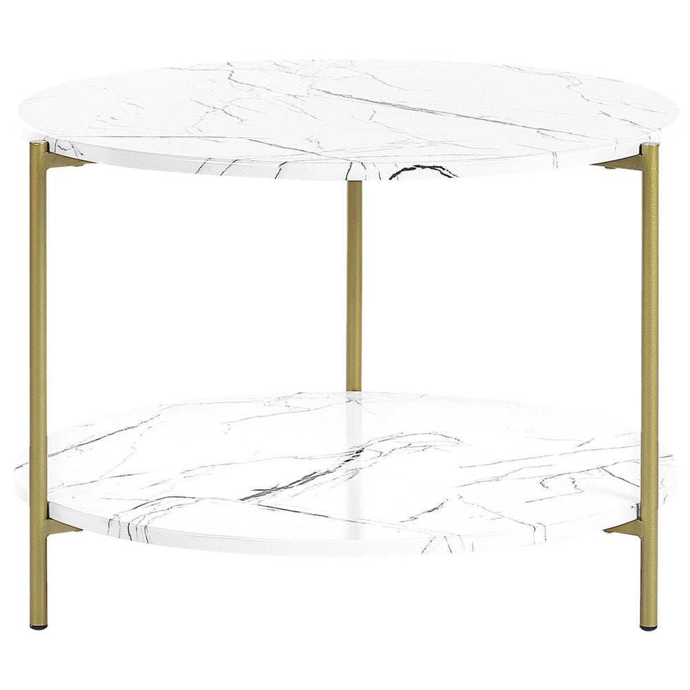 Tavolino bianco mdf dorato e metallo ⌀ 60 cm ripiano effetto marmo gambe moderno glam soggiorno