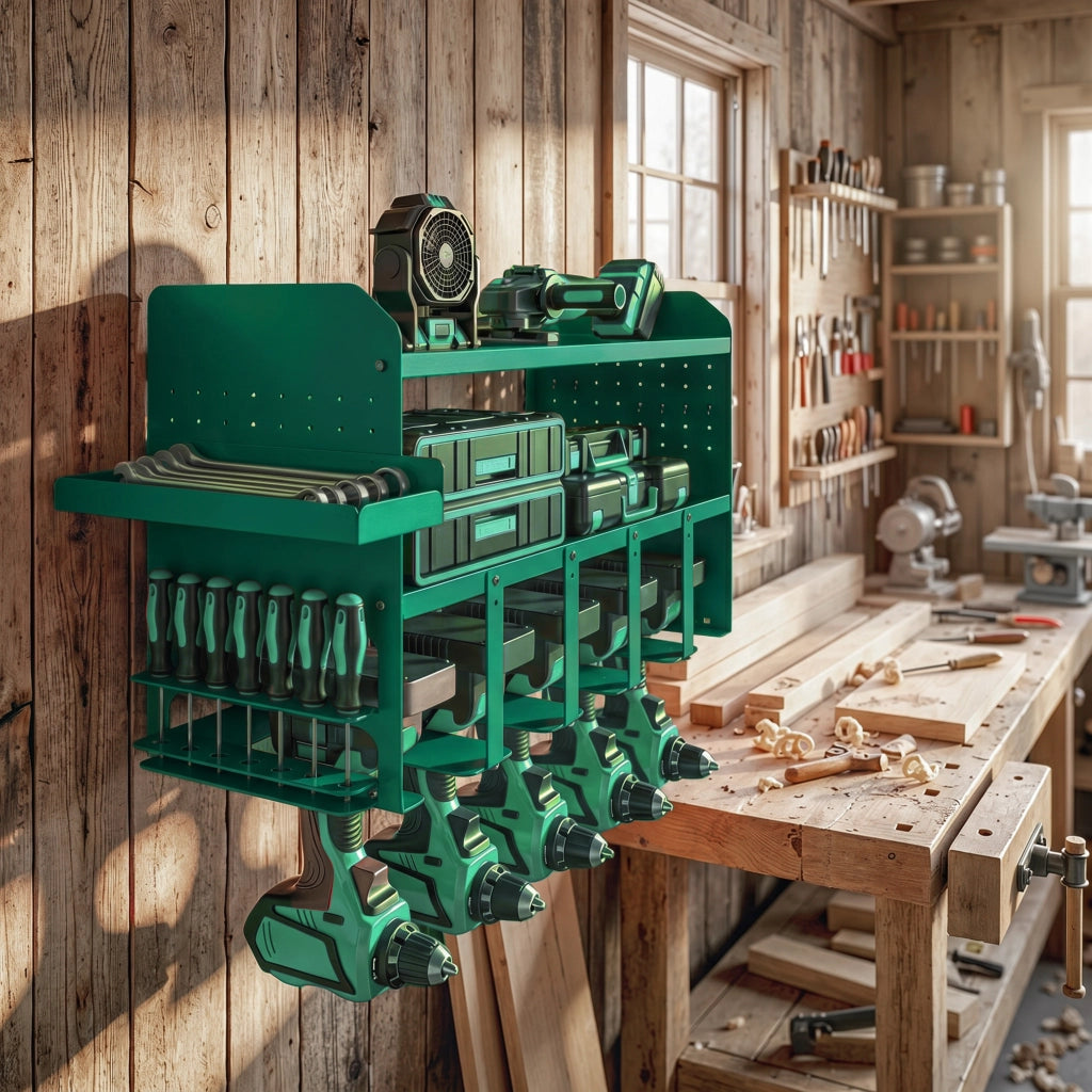 Porta Attrezzi da Parete 61,8x23x32,7 cm con Supporto per 5 Trapani Elettrici e Vassoio Laterale in Metallo Verde