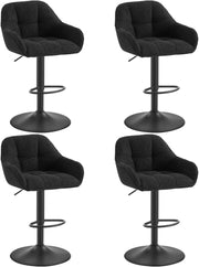 Set di 4 Sgabelli da Bar con Braccioli, Sedia da Cucina con Poggiapiedi, Sgabello Alto con Schienale, Regolabile e Girevole, per Bistrot, Pub, in Velluto a Coste e Ciniglia, Nero, BH400sz-4