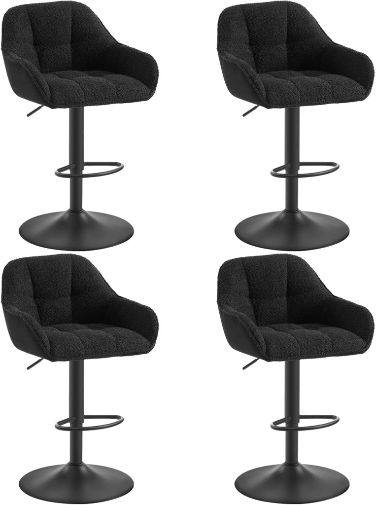 Set di 4 Sgabelli da Bar con Braccioli, Sedia da Cucina con Poggiapiedi, Sgabello Alto con Schienale, Regolabile e Girevole, per Bistrot, Pub, in Velluto a Coste e Ciniglia, Nero, BH400sz-4