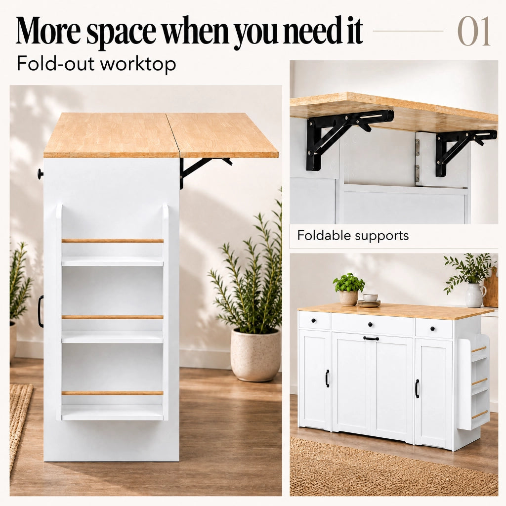 Sideboard bianco con 3 cassetti, 2 ante e piano superiore color legno per cucina e sala da pranzo