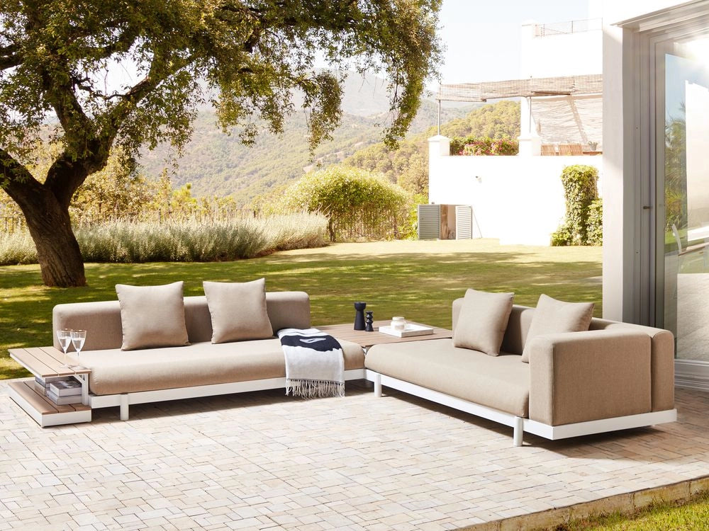 Set di divani 5 posti con tavolini Beige Tessuto Poliestere Cuscino Media Resistenza Giardino Stile Moderno Esterno