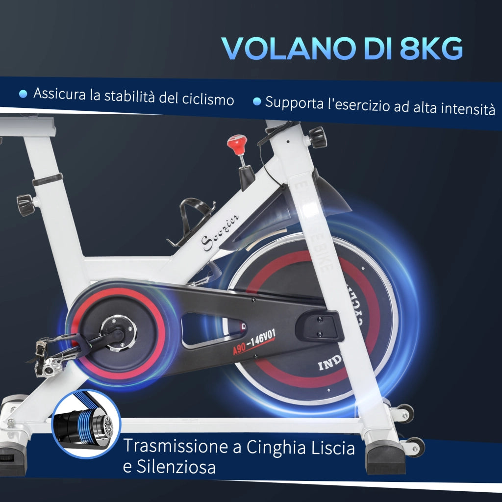 EasyComfort Cyclette Professionale, Bici da Spinning, Cyclette da Camera Regolabile con Schermo LCD e Portabicchieri, Volano 8kg, Bianco