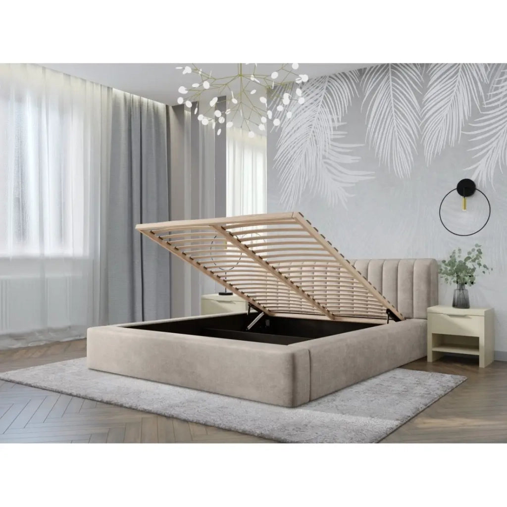 Letto contenitore CERVIN – Velluto morbido Lino naturale – 180x200 cm – Rete sollevabile – Design elegante