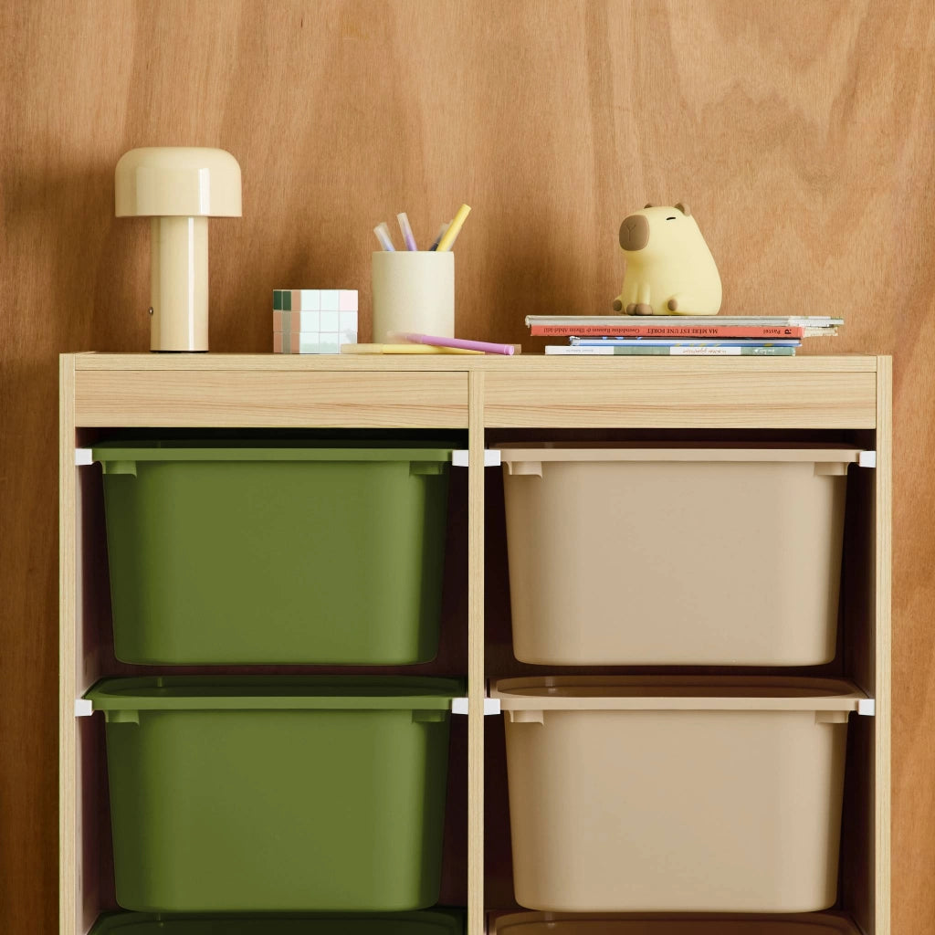 Mobile contenitore per bambini con 6 scatole colorate, verde oliva