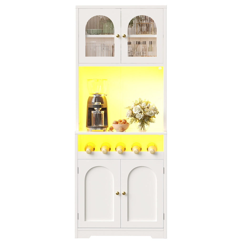Credenza alta con LED RGB app, ante in vetro ondulato e portabottiglie per cucina e soggiorno bianca 70 × 38,3 × 180 cm