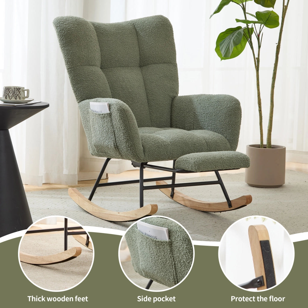 Poltrona a dondolo ergonomica con pouf, schienale avvolgente e braccioli, base in legno, in tessuto teddy verde