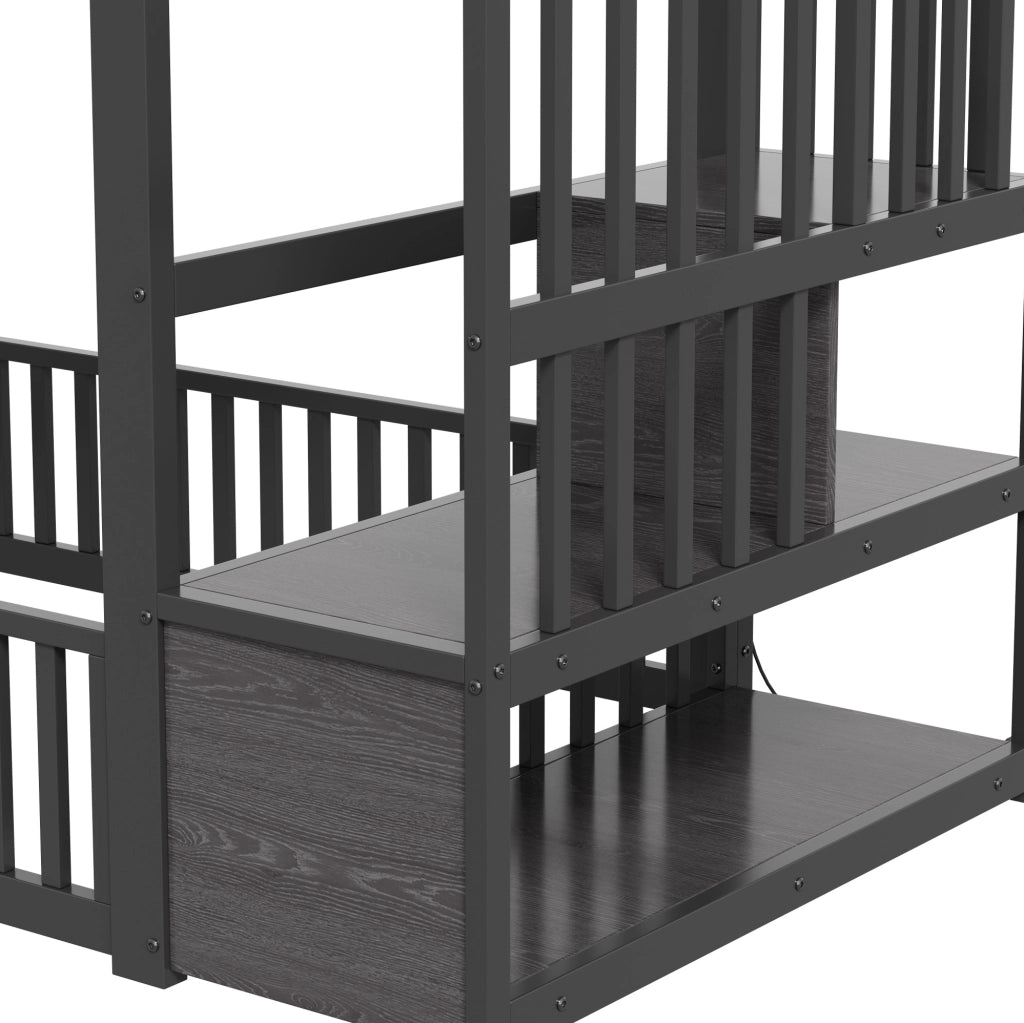 Letto a castello 90x200 cm con scala contenitore e illuminazione LED, nero
