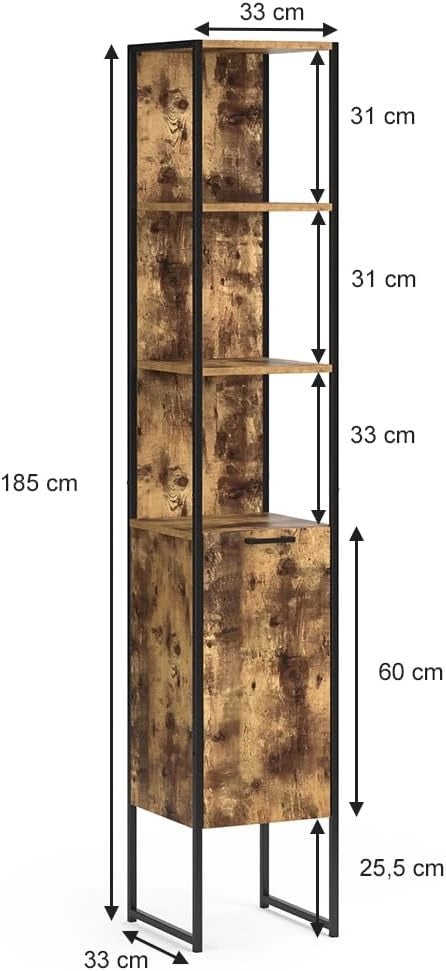 Mobile bagno alto Fyrk, Legno antico, 33 x 185 cm, per la conservazione di articoli da bagno e asciugamani
