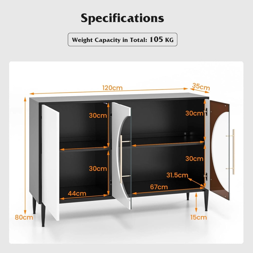 Mobile Buffet, Tavolo Credenza da Cucina con 2 Ripiani Regolabili, 3 Ante e Gambe in Metallo Sollevate, Mobile Bar da 120 cm per Soggiorno, Cucina, Sala da Pranzo, Ingresso, Bianco e Nero