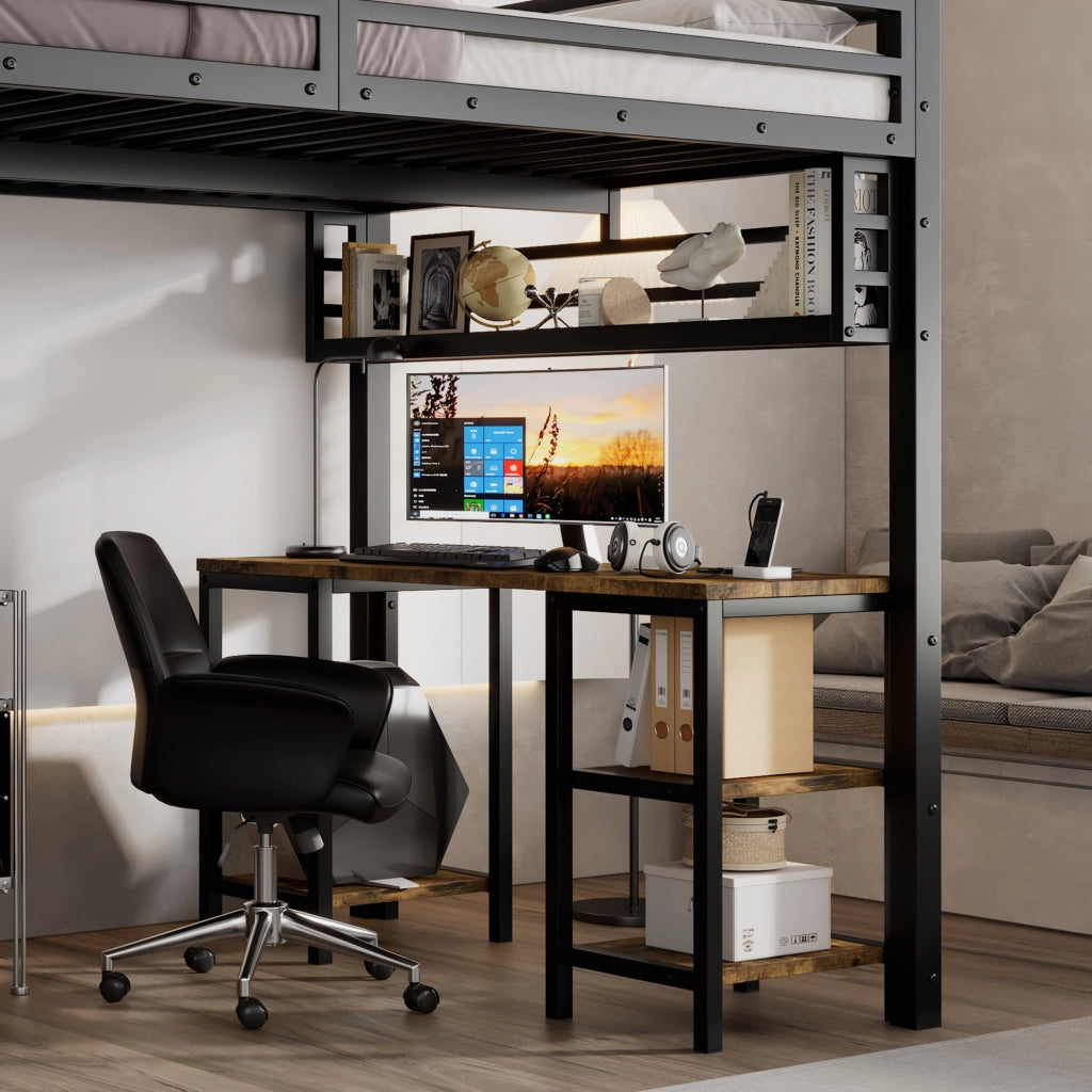 LETTO a soppalco 120x200 cm con scrivania integrata, nero e noce scuro