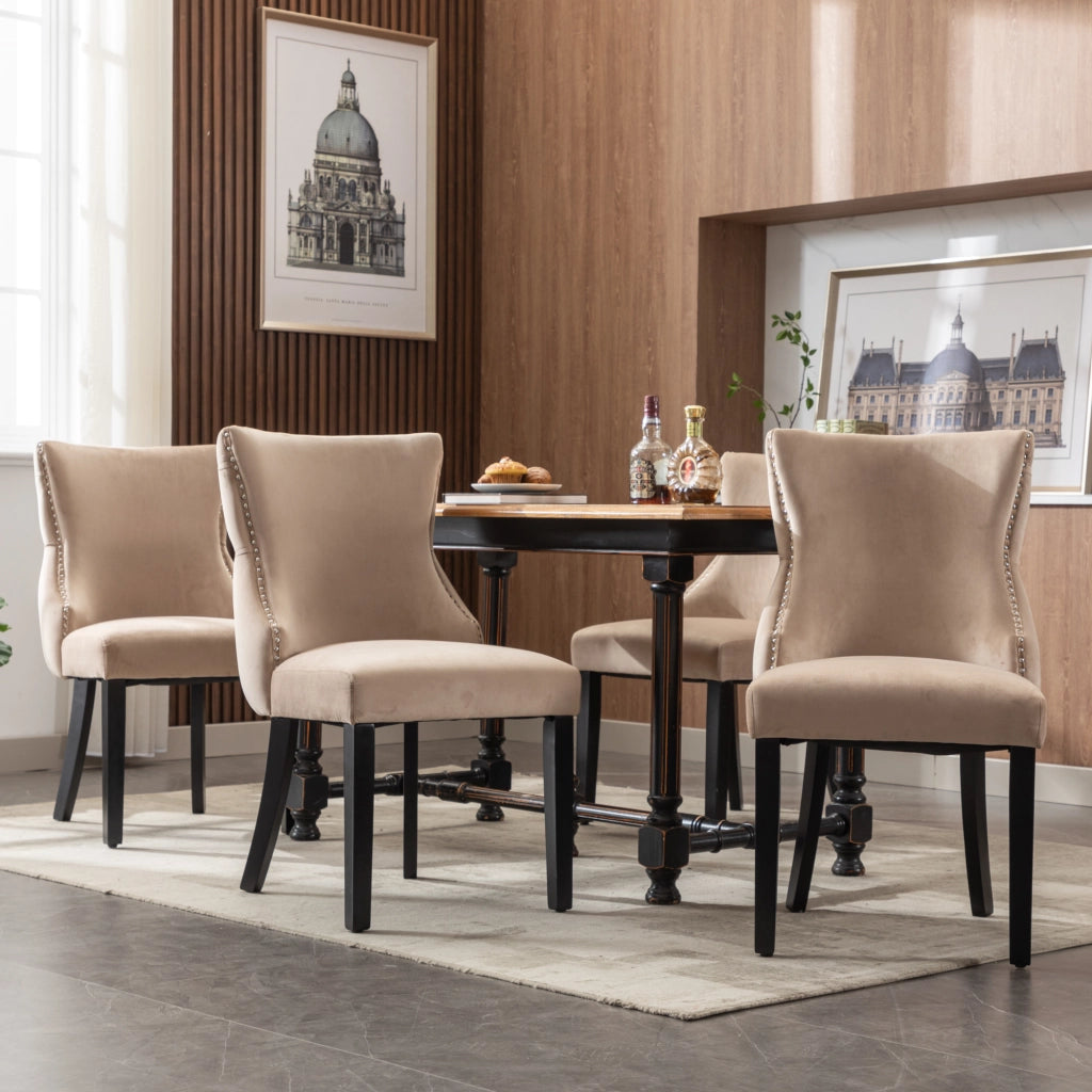 Sedie da Pranzo Imbottite in Velluto ¨C MINIMAL ¨C Beige, Gambe in Legno Massello, Set 4 Pezzi