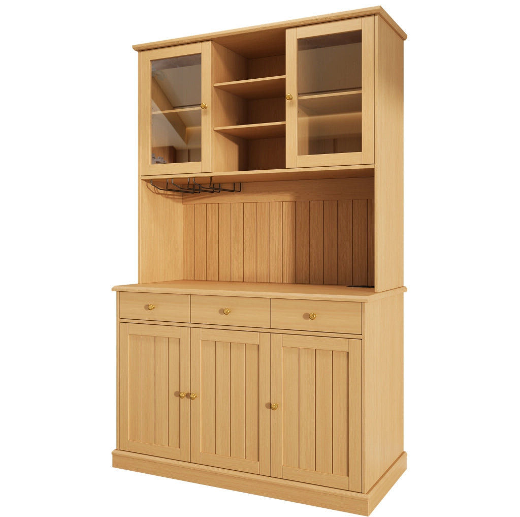 Credenza buffet alta 120x40x191 cm in legno naturale con ante in vetro; prese USB e schuko